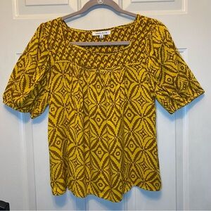 Rose + Olive Baby Doll Square Neck Puff Sleeve Blouse Sz M Gold & Brown
